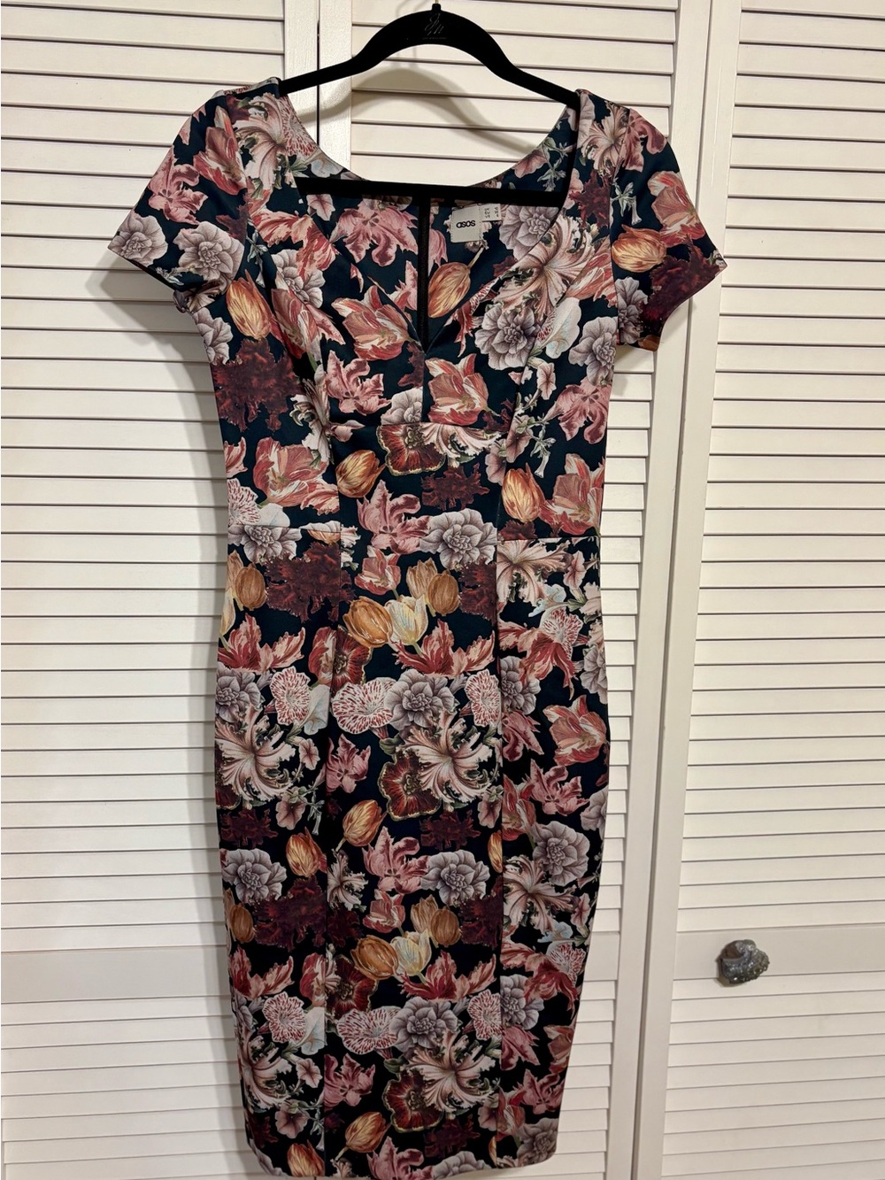 ASOS Black Floral Midi Dress with Pink and Cream Blooms